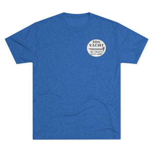 Blue soft cotton t-shirt with "JON YACHT THE ORIGINAL FLATS SKIFF" logo.