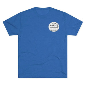 Blue soft cotton t-shirt with "JON YACHT THE ORIGINAL FLATS SKIFF" logo.