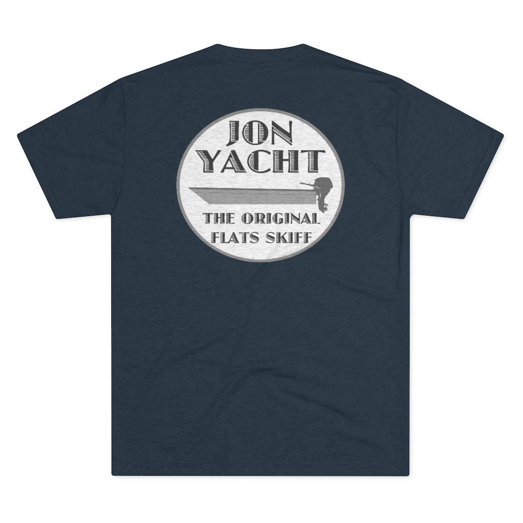 Navy blue soft cotton t-shirt with a gray "JON YACHT THE ORIGINAL FLATS SKIFF" boat graphic.