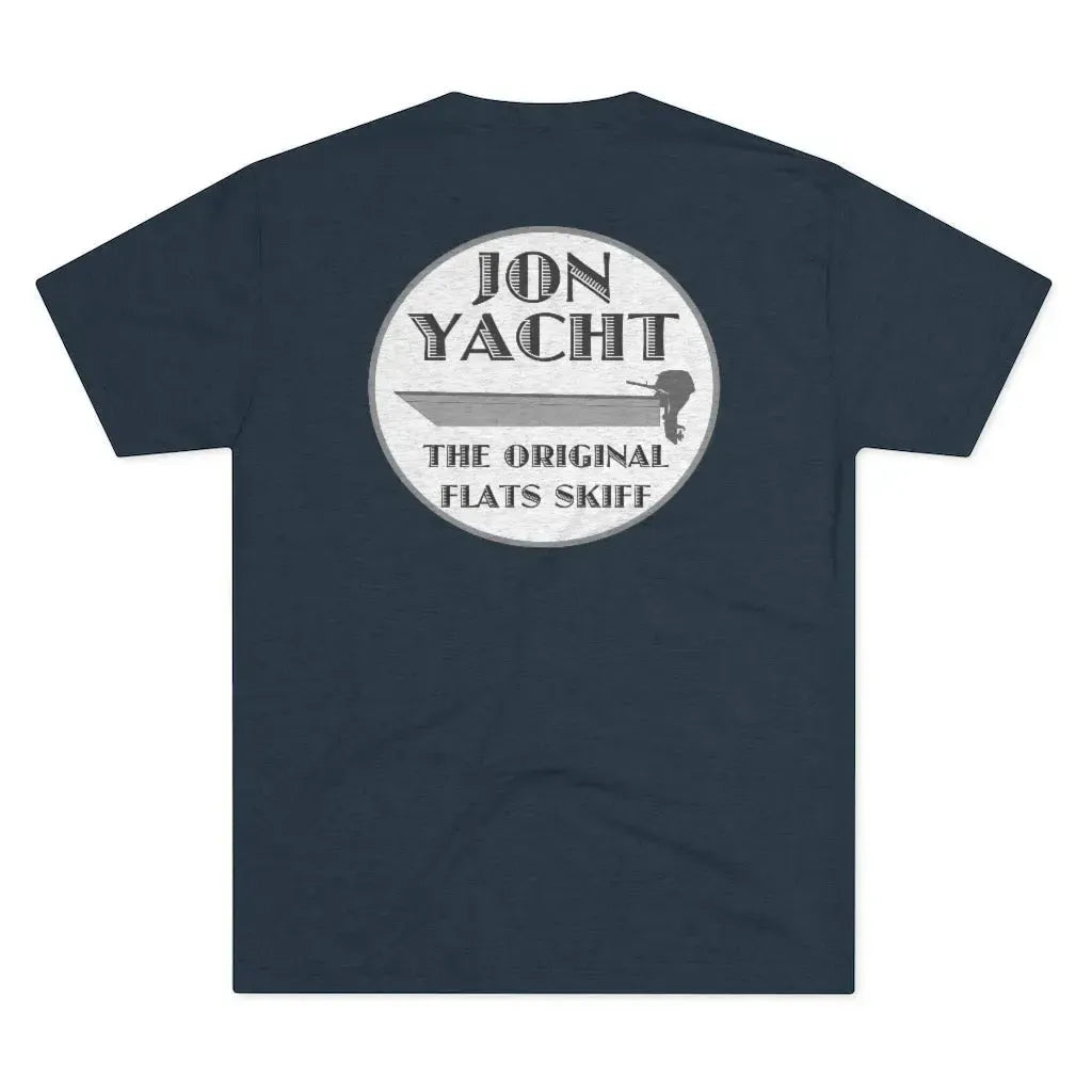 Navy blue soft cotton t-shirt with a gray "JON YACHT THE ORIGINAL FLATS SKIFF" boat graphic.