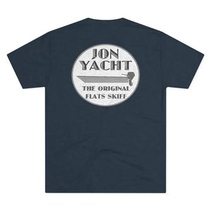 Navy blue soft cotton t-shirt with a gray "JON YACHT THE ORIGINAL FLATS SKIFF" boat graphic.