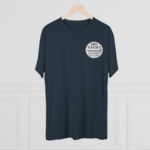 Navy blue soft cotton t-shirt with "JON YACHT THE ORIGINAL FLATS SKIFF" logo on left chest.
