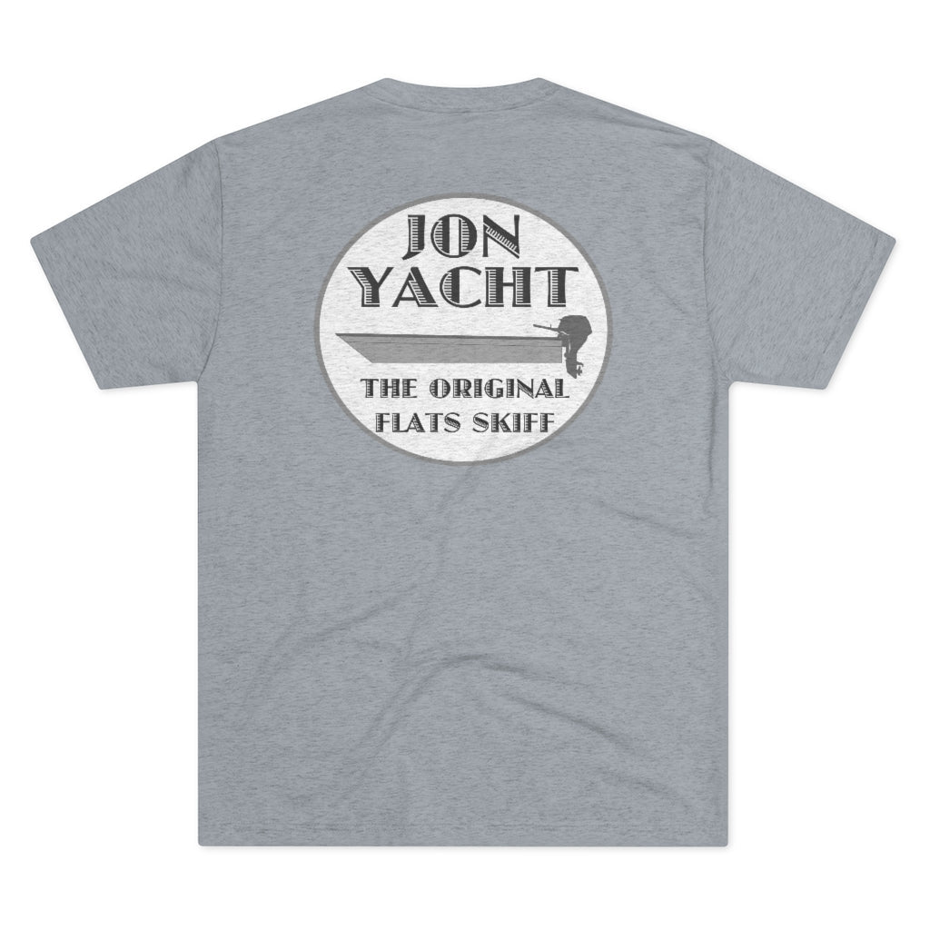Heather grey soft cotton t-shirt with "Jon Yacht The Original Flats Skiff" boat graphic on back.