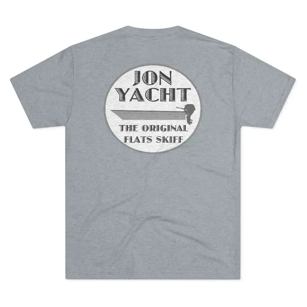 Heather grey soft cotton t-shirt with "Jon Yacht The Original Flats Skiff" boat graphic on back.