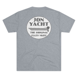 Heather grey soft cotton t-shirt with "Jon Yacht The Original Flats Skiff" boat graphic on back.