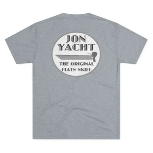 Heather grey soft cotton t-shirt with "Jon Yacht The Original Flats Skiff" boat graphic on back.