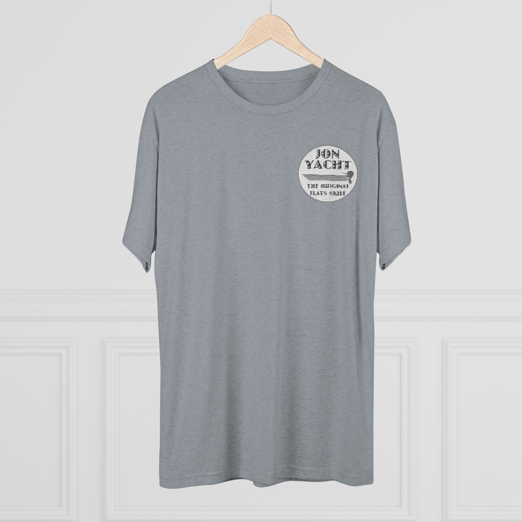 Heather gray soft cotton t-shirt with "JON YACHT THE ORIGINAL FLATS SKIFF" logo on the left chest.