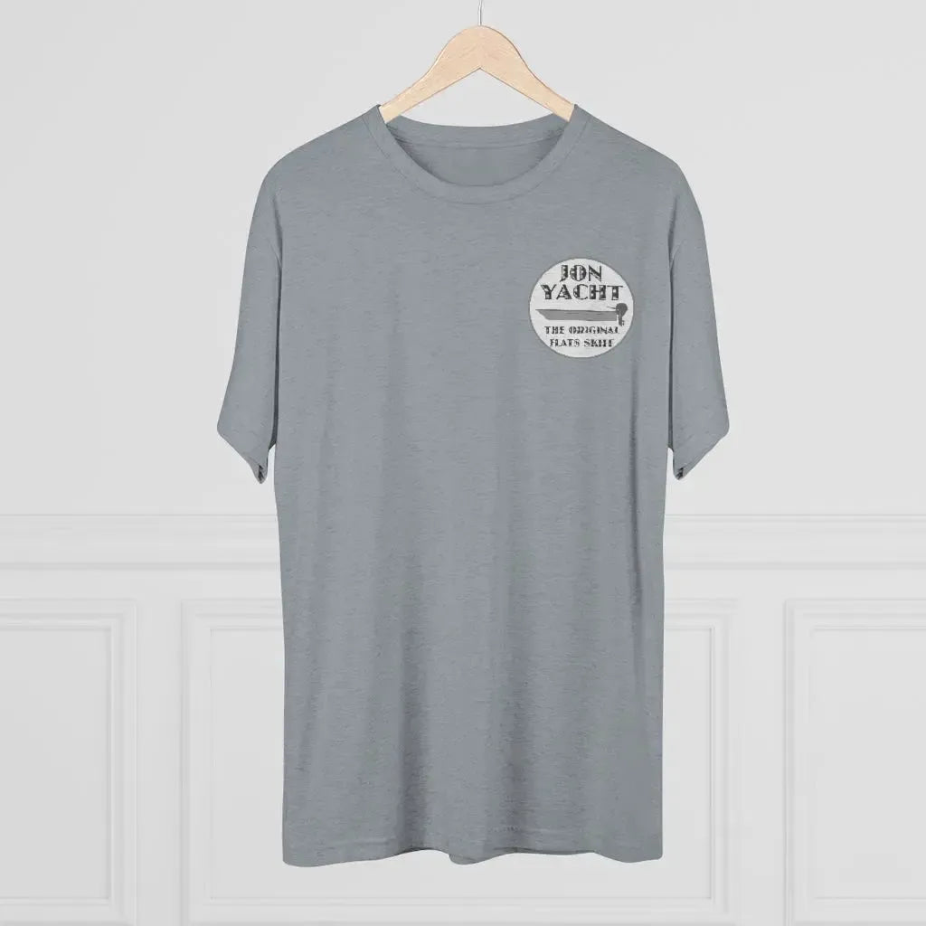 Heather gray soft cotton t-shirt with "JON YACHT THE ORIGINAL FLATS SKIFF" logo on the left chest.