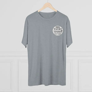 Heather gray soft cotton t-shirt with "JON YACHT THE ORIGINAL FLATS SKIFF" logo on the left chest.