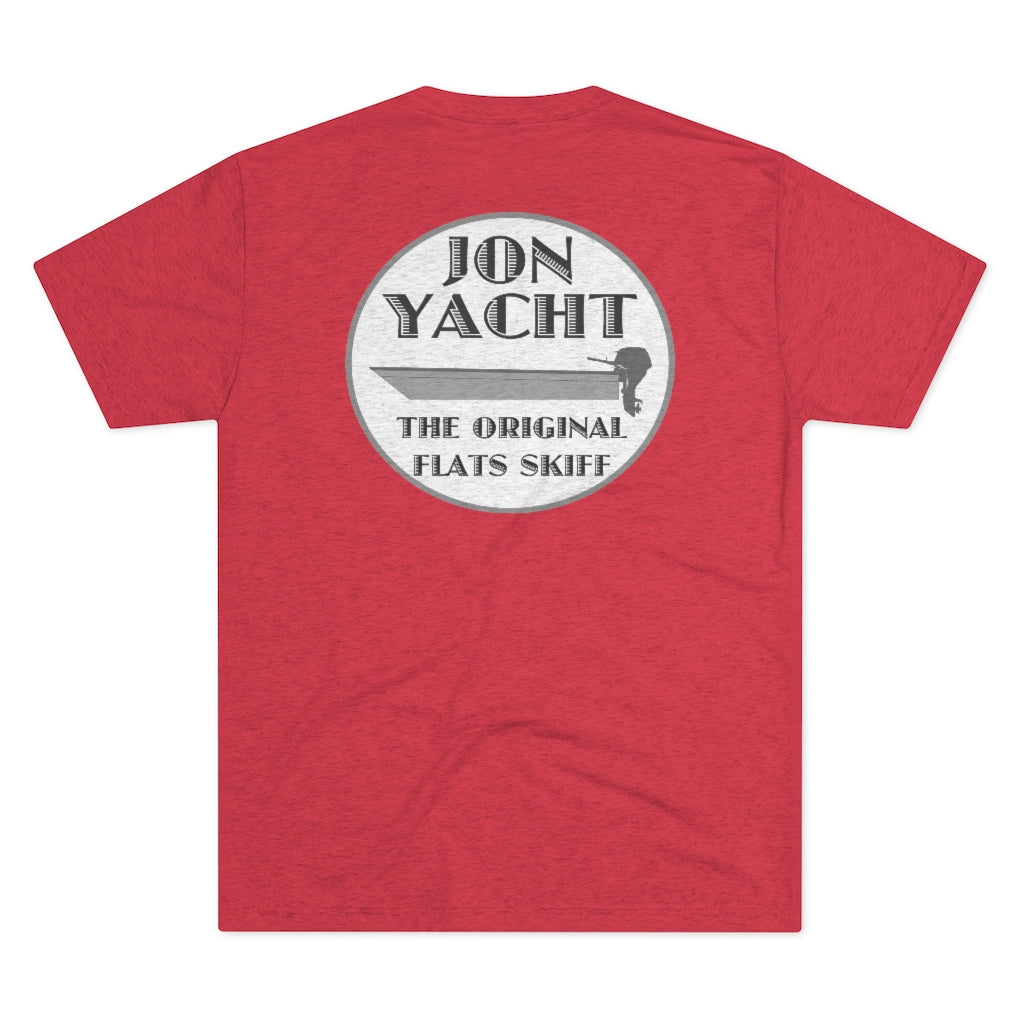 Red soft cotton t-shirt with "ION YACHT THE ORIGINAL FLATS SKIFF" logo featuring a skiff boat.