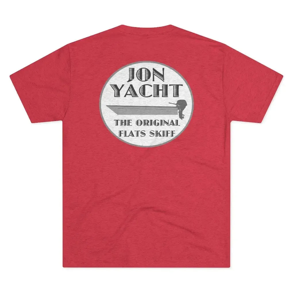 Red soft cotton t-shirt with "ION YACHT THE ORIGINAL FLATS SKIFF" logo featuring a skiff boat.