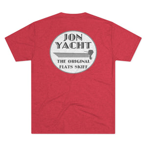 Red soft cotton t-shirt with "ION YACHT THE ORIGINAL FLATS SKIFF" logo featuring a skiff boat.