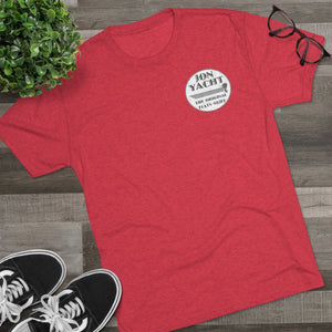 Red heather short-sleeve t-shirt with a "Jon Yacht The Original Flats Skiff" logo.