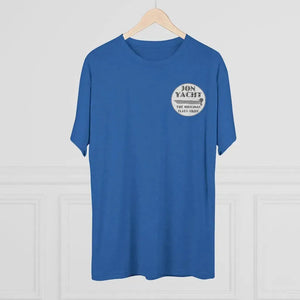 Blue soft cotton t-shirt with "JON YACHT THE ORIGINAL FLATS SKIFF" logo on the left chest.