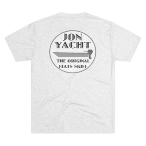 Light grey cotton t-shirt with "JON YACHT THE ORIGINAL FLATS SKIFF" boat graphic on back.