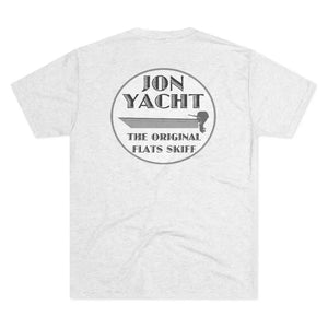 Light grey cotton t-shirt with "JON YACHT THE ORIGINAL FLATS SKIFF" boat graphic on back.