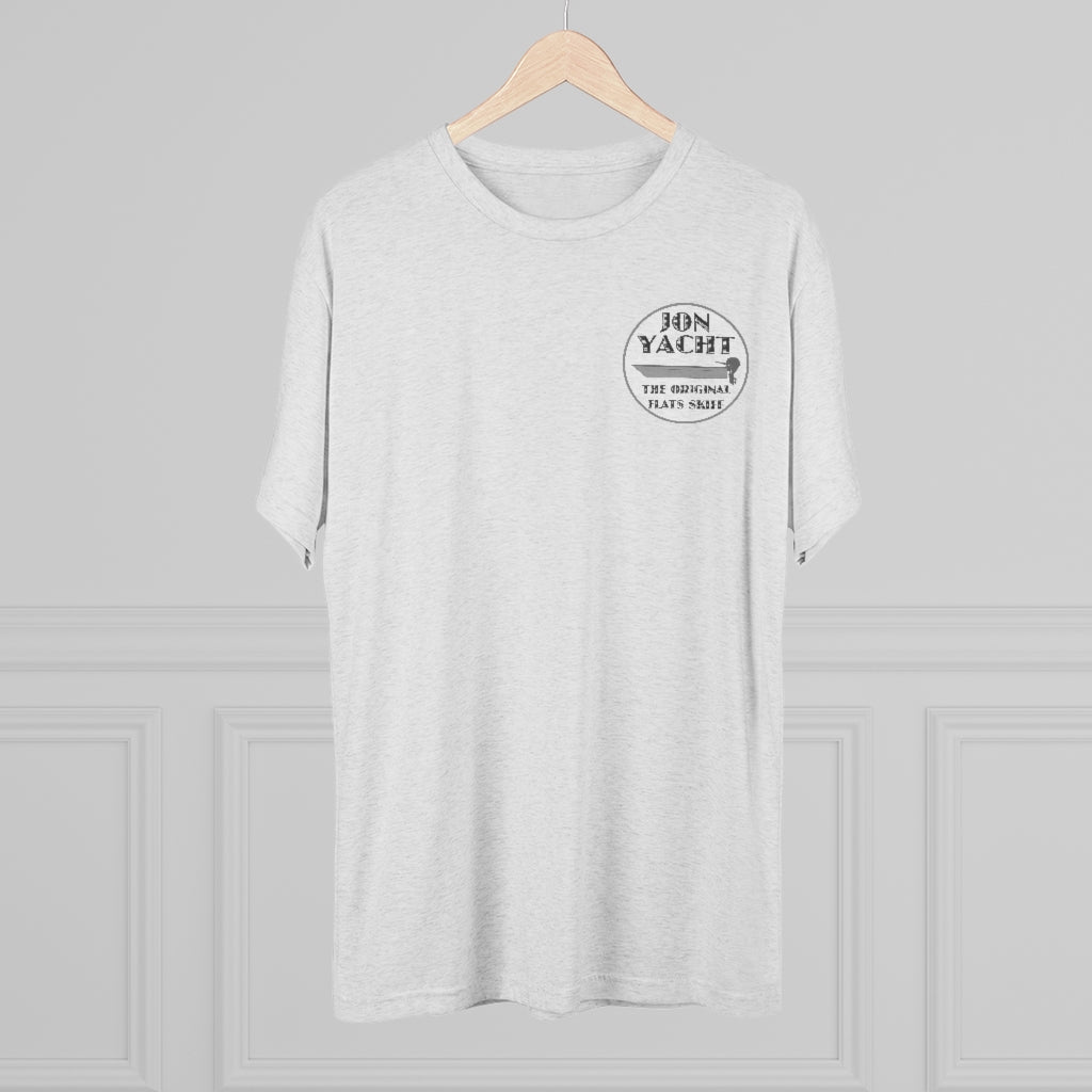 Light gray heather t-shirt with "JON YACHT THE ORIGINAL FLATS SKIFF" logo on the left chest.