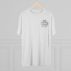Light gray heather t-shirt with "JON YACHT THE ORIGINAL FLATS SKIFF" logo on the left chest.