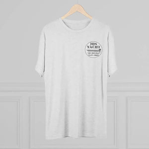Light gray heather t-shirt with "JON YACHT THE ORIGINAL FLATS SKIFF" logo on the left chest.