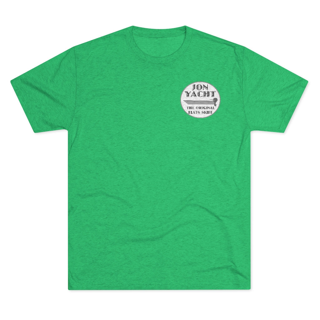 Green soft cotton t-shirt with "BON YACHT THE ORIGINAL FLATS SKIFF" logo.