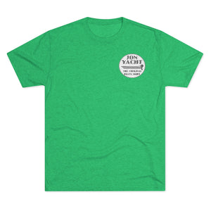 Green soft cotton t-shirt with "BON YACHT THE ORIGINAL FLATS SKIFF" logo.