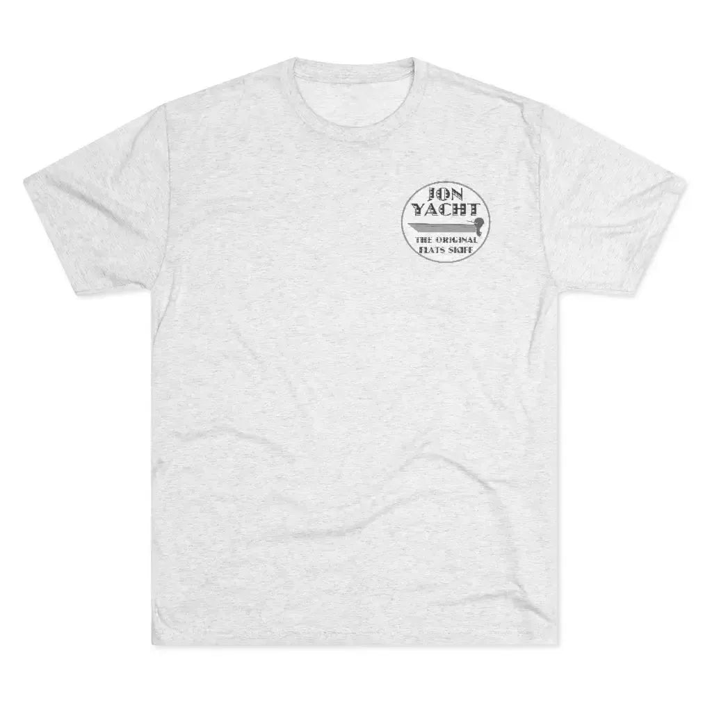Light grey crew neck t-shirt with a dark grey "JON YACHT THE ORIGINAL FLATS SKIFF" logo on the left chest.
