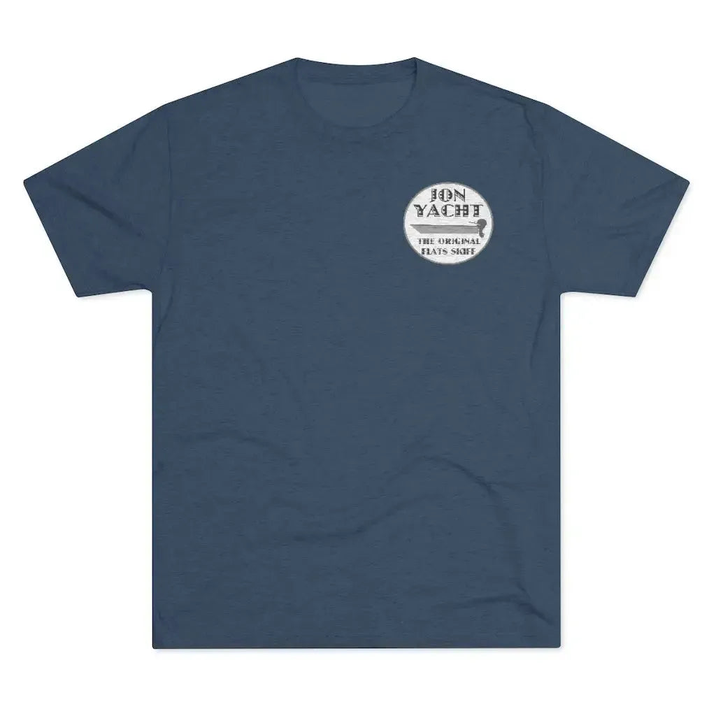Heather navy blue soft cotton t-shirt with a white "Iron Yacht The Original Flats Skiff" logo on the left chest.
