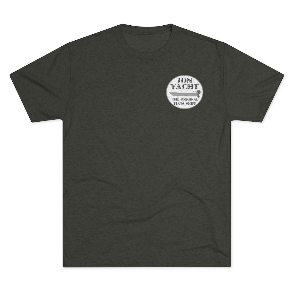 Dark gray soft cotton t-shirt with a white "Iron Yacht The Original Flats Skiff" logo on the left chest.