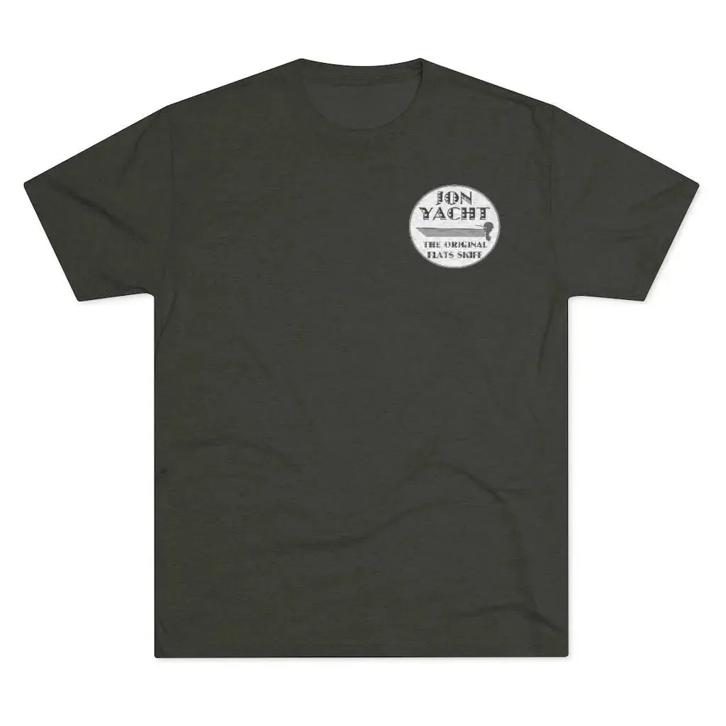 Dark gray soft cotton t-shirt with a white "Iron Yacht The Original Flats Skiff" logo on the left chest.