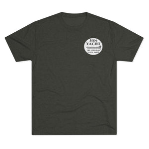 Dark gray soft cotton t-shirt with a white "Iron Yacht The Original Flats Skiff" logo on the left chest.