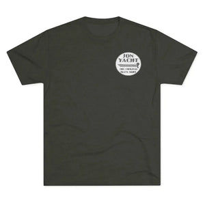 Dark gray soft cotton t-shirt with a white "Iron Yacht The Original Flats Skiff" logo on the left chest.