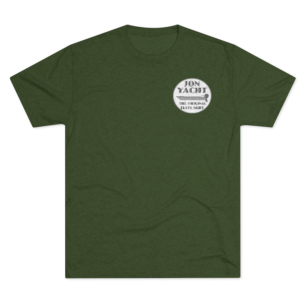 Dark olive green soft cotton t-shirt with "BON YACHT THE ORIGINAL FLATS SKIFF" logo.