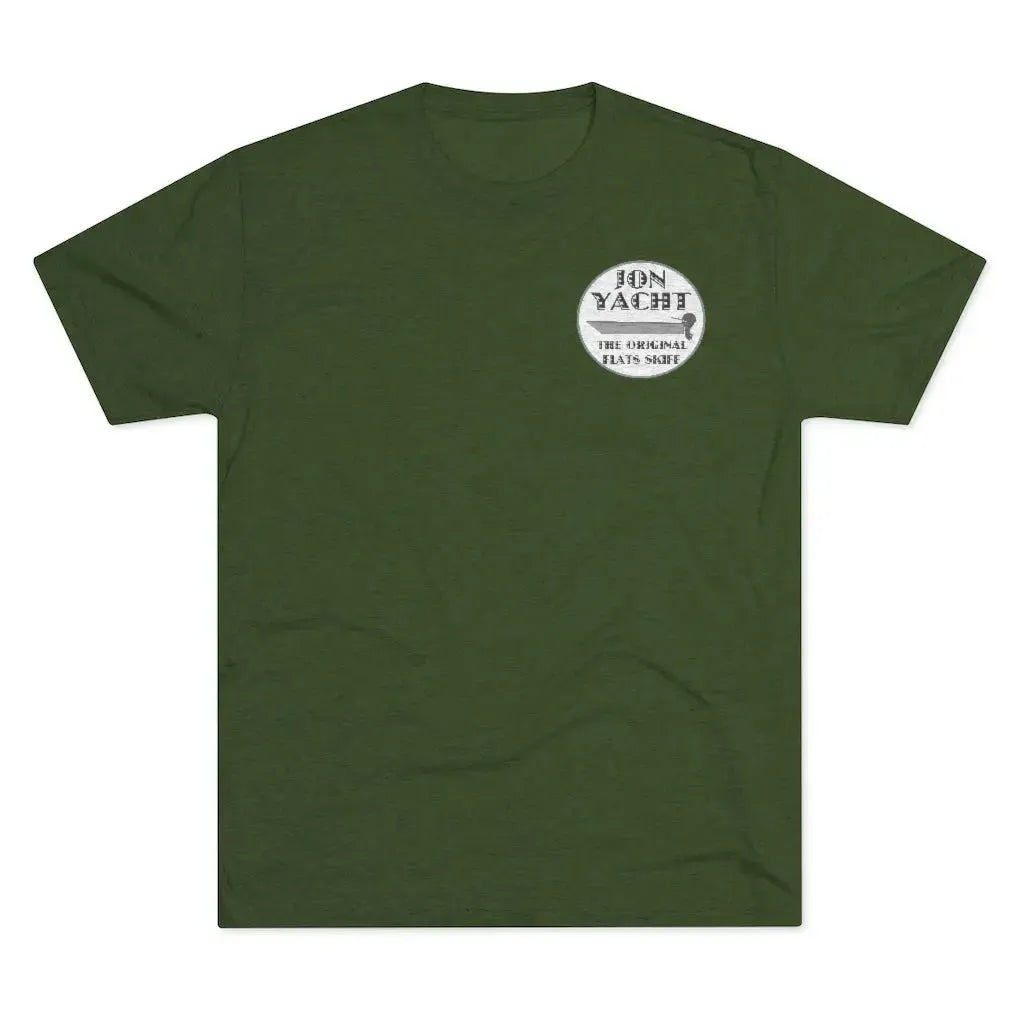 Dark olive green soft cotton t-shirt with "BON YACHT THE ORIGINAL FLATS SKIFF" logo.