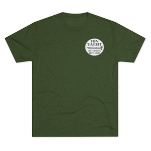 Dark olive green soft cotton t-shirt with "BON YACHT THE ORIGINAL FLATS SKIFF" logo.