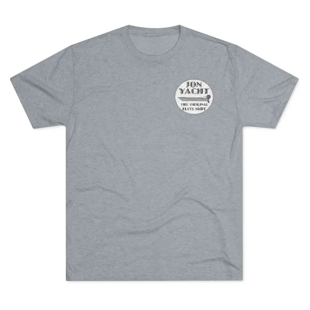 Light gray "The Original Flats Skiff" t-shirt with a dark circular logo on the left chest.