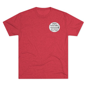 Red heather t-shirt with a small circular "JON YACHT THE ORIGINAL FLATS SKIFF" logo on the left chest.