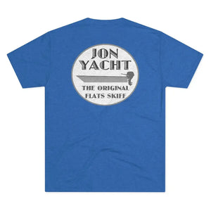 Blue soft cotton t-shirt with "JON YACHT THE ORIGINAL FLATS SKIFF" graphic featuring a skiff boat.