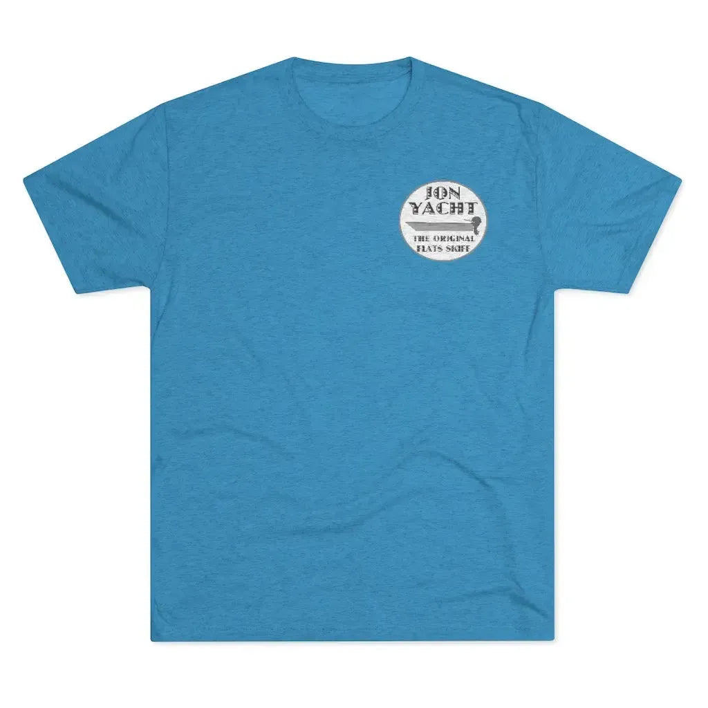Blue heather soft cotton t-shirt with "JON YACHT THE ORIGINAL FLATS SKIFF" logo.