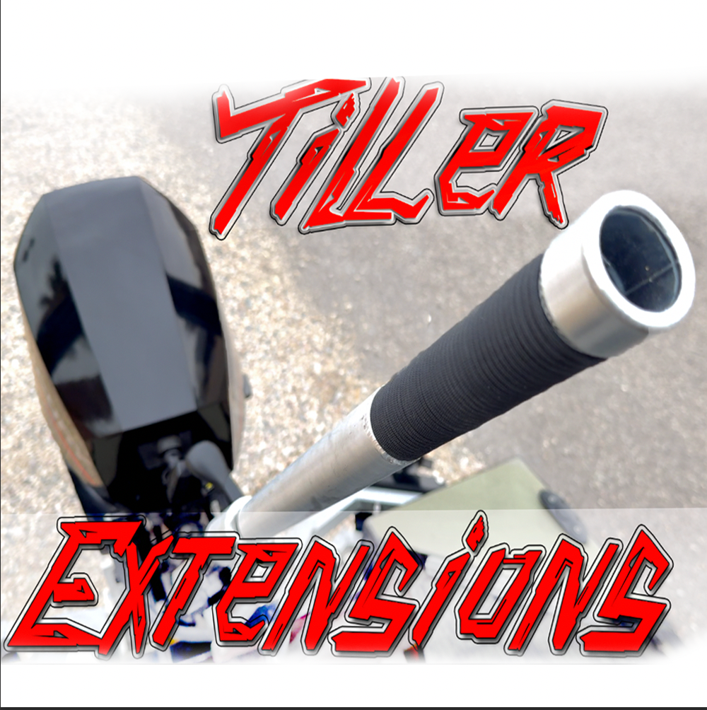 Silver aluminum tiller extension handle with black grip, attached to an outboard motor.