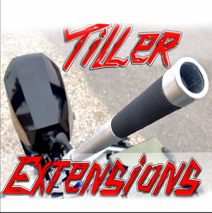 Silver aluminum tiller extension handle with black grip, attached to an outboard motor.