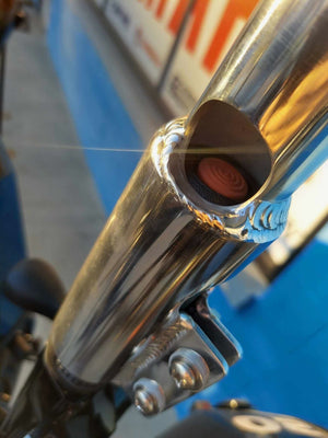 Shiny aluminum X-LONG tiller extension handle with precision welds and an open cut-off button access.
