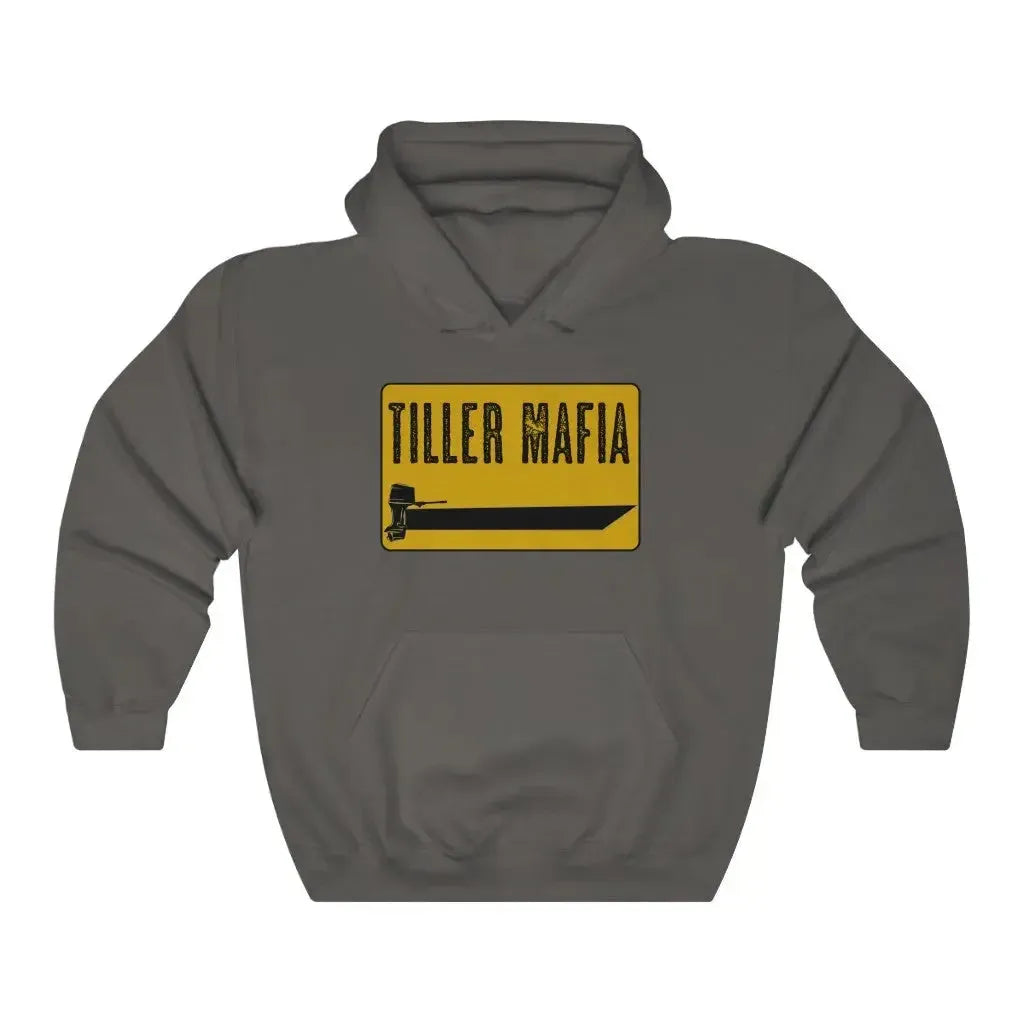 Gray Tiller Mafia hooded sweatshirt with a yellow and black boat graphic on the front.