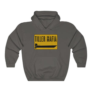 Charcoal gray Tiller Mafia hooded sweatshirt with a yellow and black boat graphic.