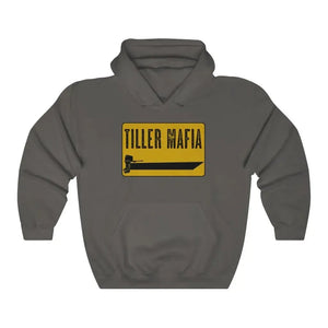 Charcoal gray Tiller Mafia hooded sweatshirt with a yellow and black boat graphic.