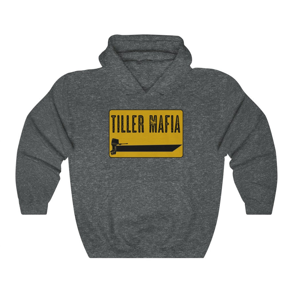 Charcoal gray hooded sweatshirt with a yellow "Tiller Mafia" boat graphic.