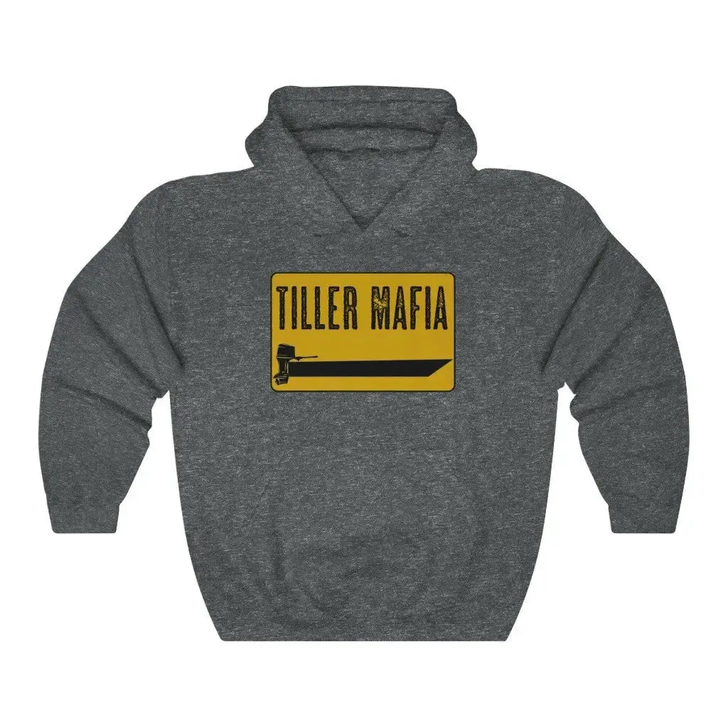 Charcoal gray hooded sweatshirt with a yellow "Tiller Mafia" boat graphic.