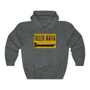 Charcoal gray hooded sweatshirt with a yellow "Tiller Mafia" boat graphic.