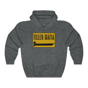 Charcoal gray hooded sweatshirt with a yellow "Tiller Mafia" boat graphic.