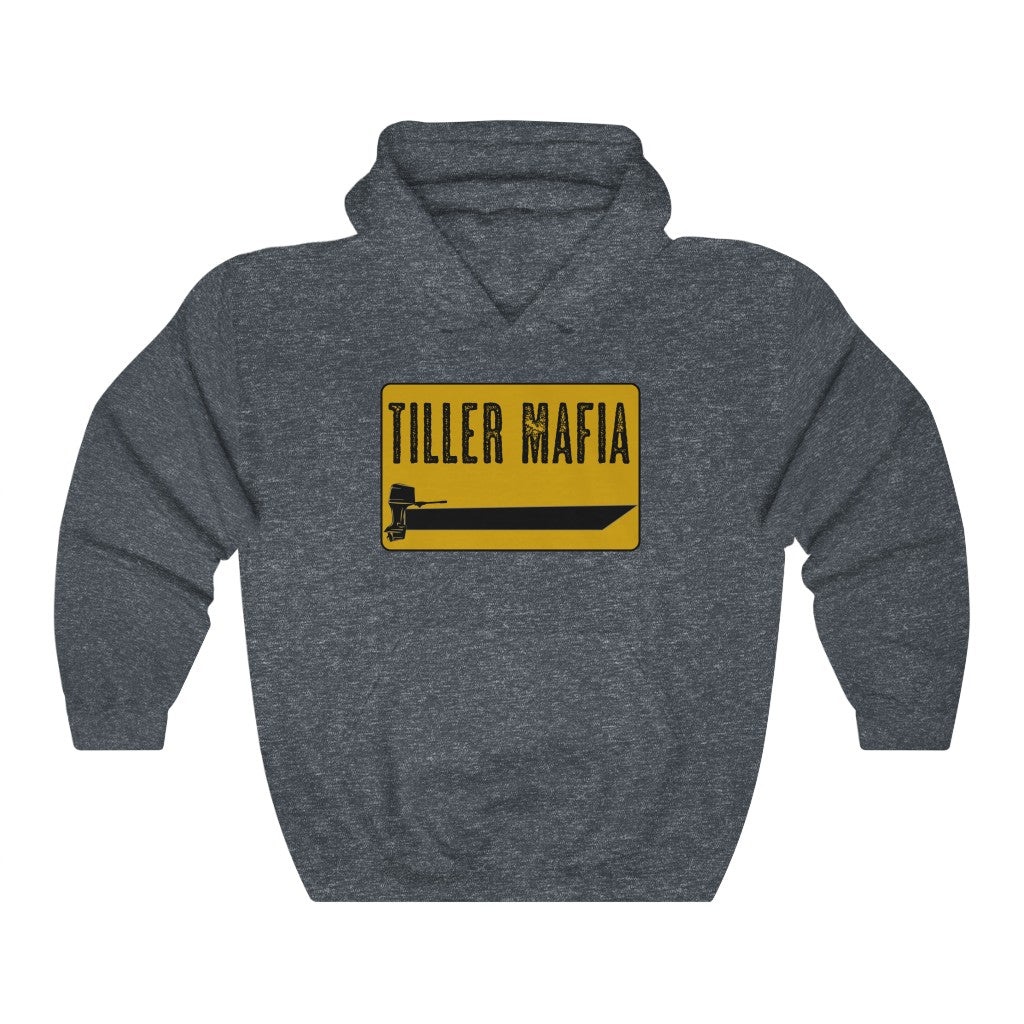 Dark heather gray Tiller Mafia hooded sweatshirt with a yellow and black boat graphic.