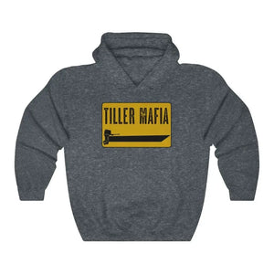 Dark heather gray Tiller Mafia hooded sweatshirt with a yellow and black boat graphic.